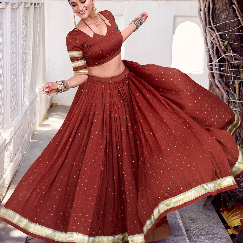 Rust Orange Color Zari Weaving Work With Embossed Design Chanderi Lehenga Choli