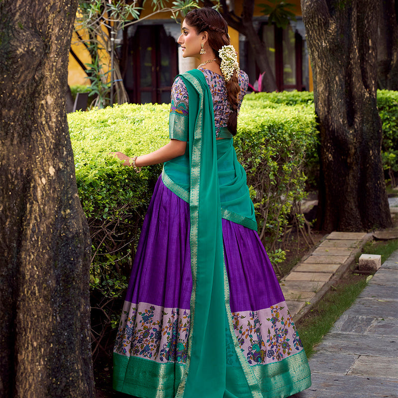 Pruple Color Printed With Zari Weaving Work Astha Silk Lehenga Choli
