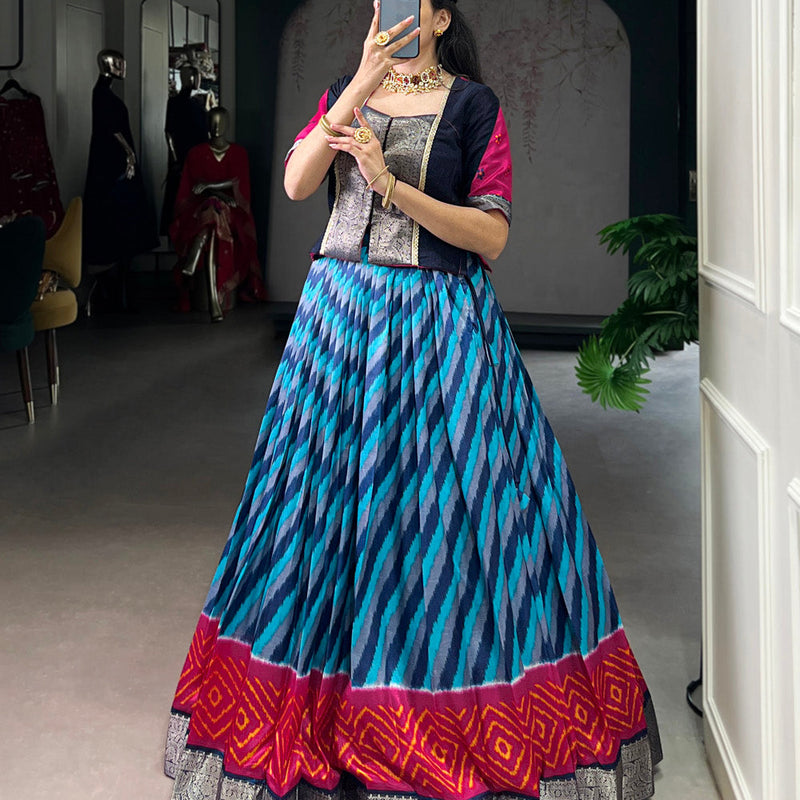 Firozi Color Leheriya Print With Zari Weaving Work Tasar Silk Co-Ord Set