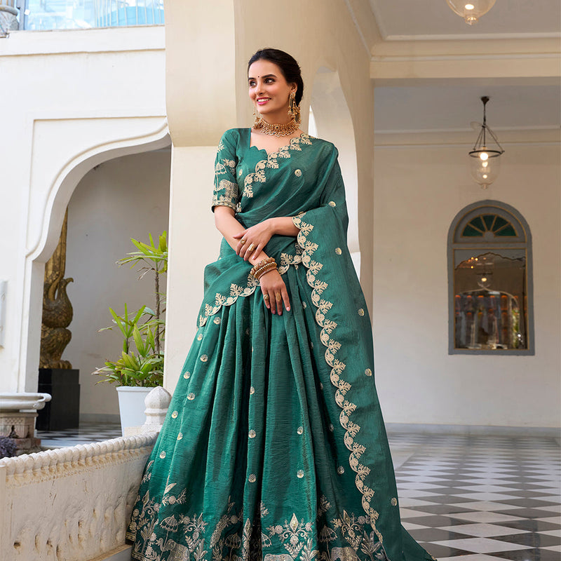 Teal Color Sequins and Thread Embroidery Work Gold Crush Lehenga Choli