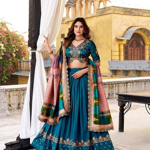 Firozi Color Vichitra Silk Lehenga