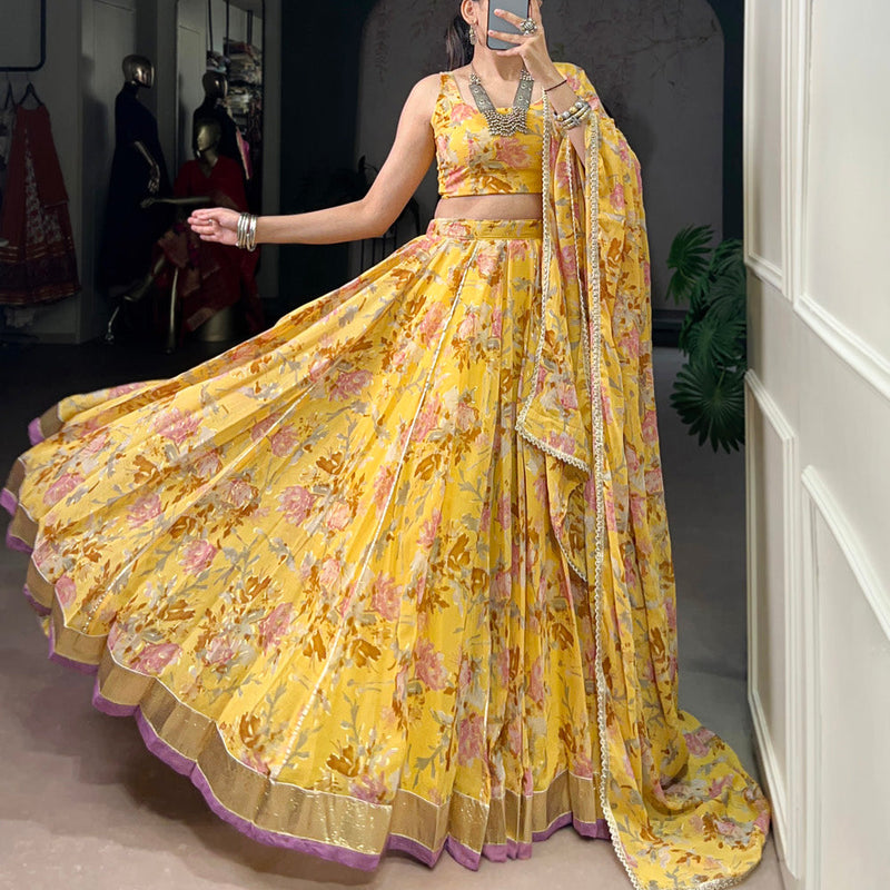 Yellow Color Floral And Foil Print With Embossed Design Chiffon Ghaghra choli