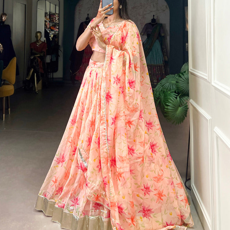 Peach Color Floral Print With Lace Border Tabby Silk Lehenga Choli