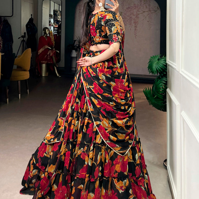 Black Color Floral Printed Marbel Chaniya Choli