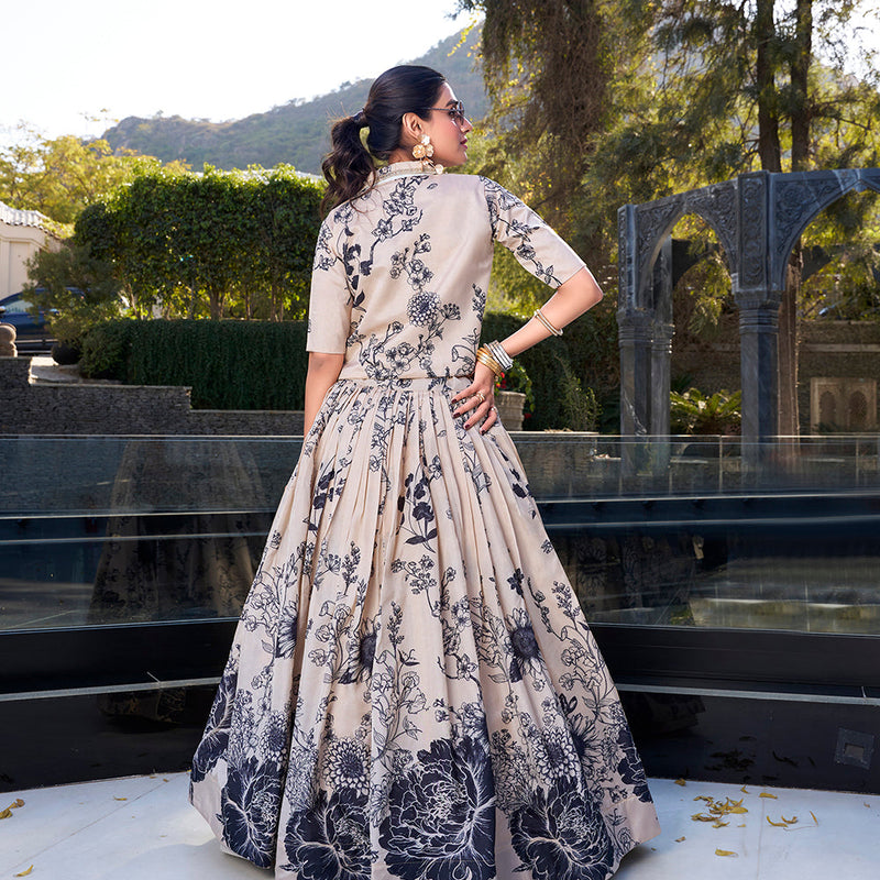Cream Floral Print Tussar Silk Co-ord Set lehenga Choli