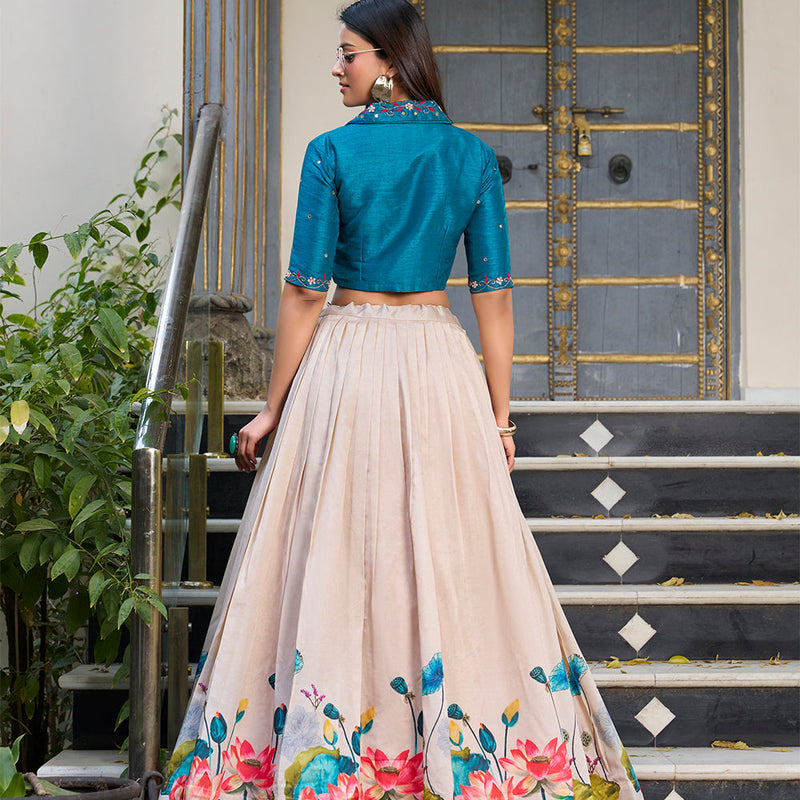 Off White Color Floral Printed Tasar Silk Co-ord Set Lehenga Choli