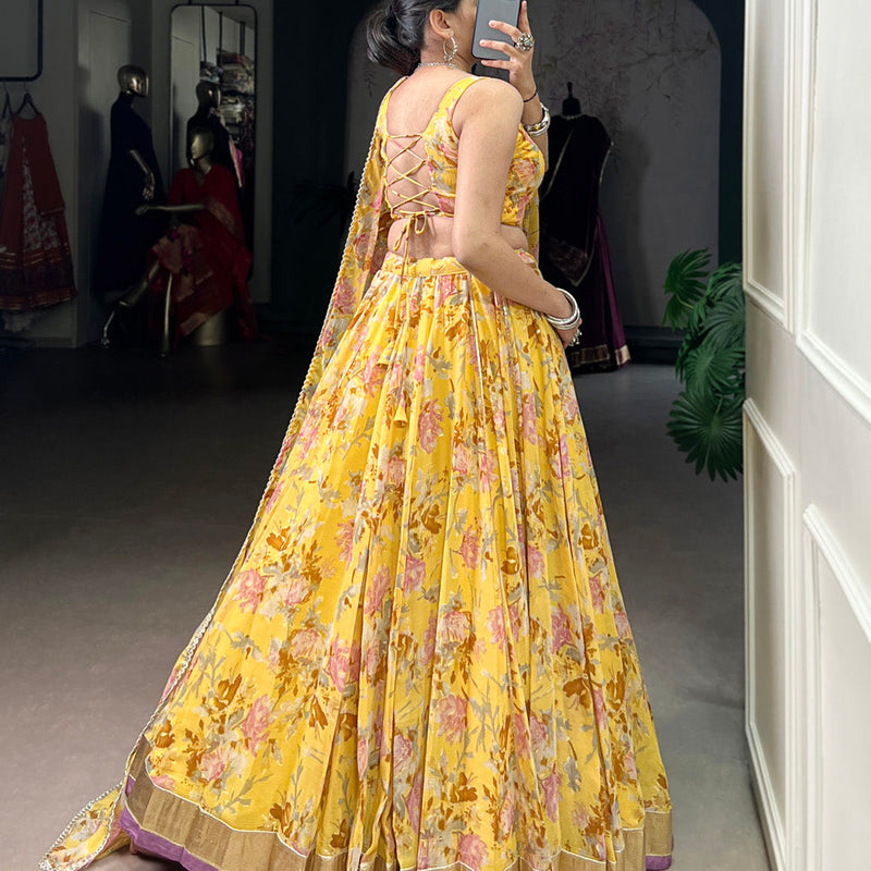 Yellow Color Floral And Foil Print With Embossed Design Chiffon Ghaghra choli