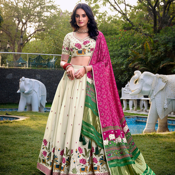 Lotus Design With Sequince And Thread Embroidery Work Khadi Cotton Lehenga Choli