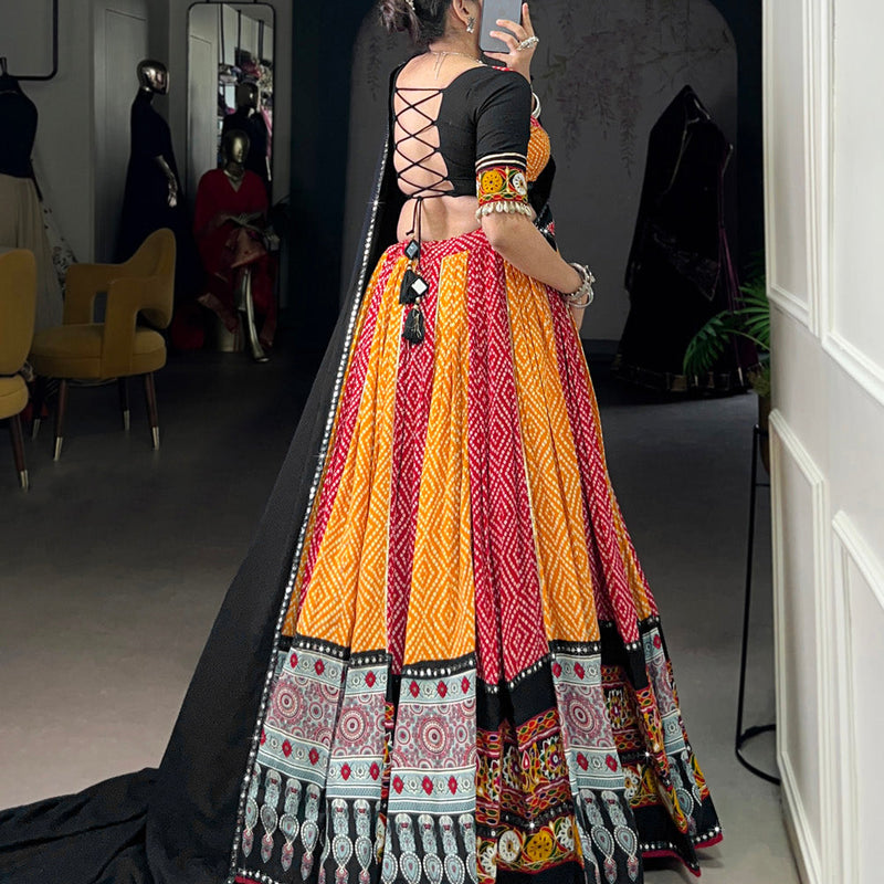 Yellow Color Bandhej And Ajarakh Printed Rayon Chaniya Choli