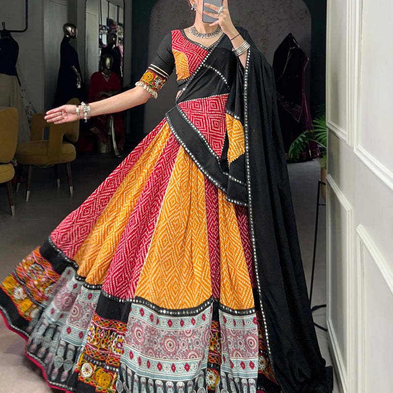 Yellow Color Bandhej And Ajarakh Printed Rayon Chaniya Choli