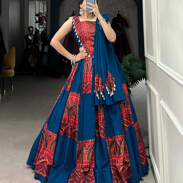 Blue Color Plain And Printed With Foil Work Cotton Lehenga Choli