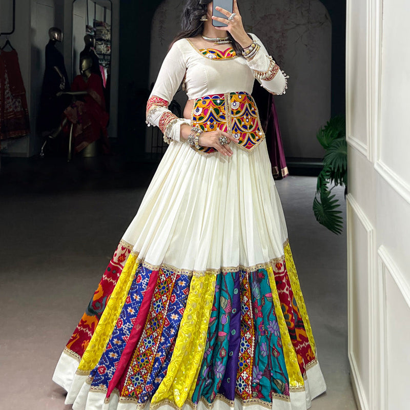 White Color Multi Patch With Lace Touch Up Rayon Chaniya Choli