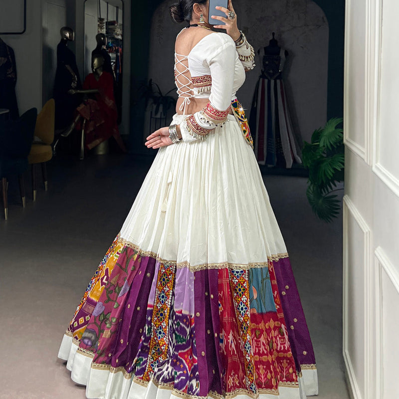 White Color Multi Patch With Lace Touch Up Rayon Chaniya Choli