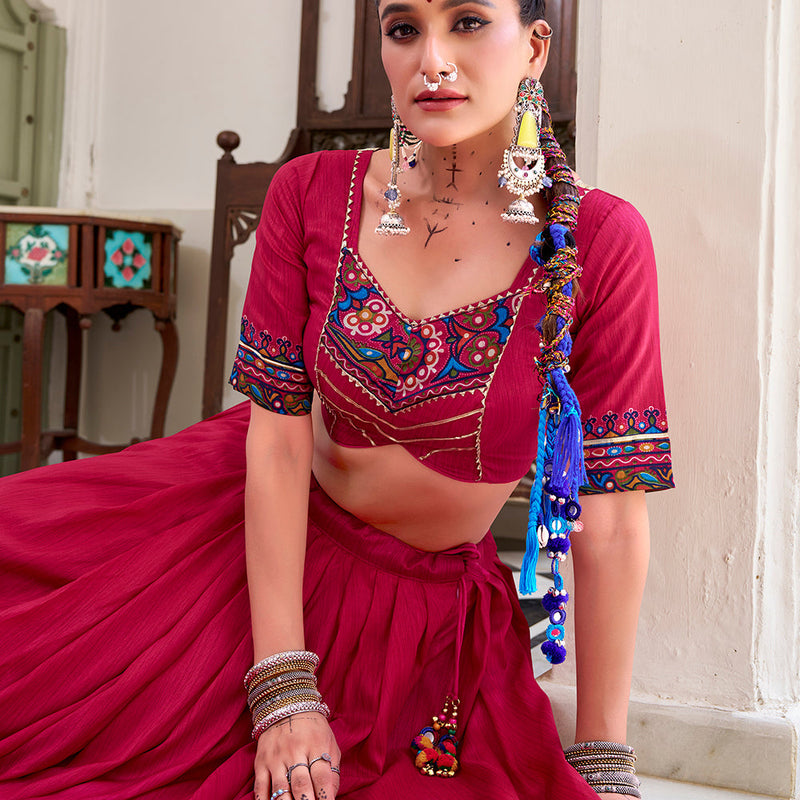 Pink Color Gamthi Print And Embossed Design Tasar Silk Lehenga Choli