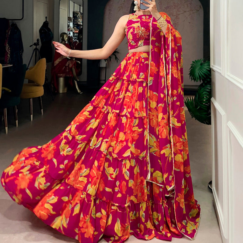 Pink Color Floral Printed Marbel Chaniya Choli