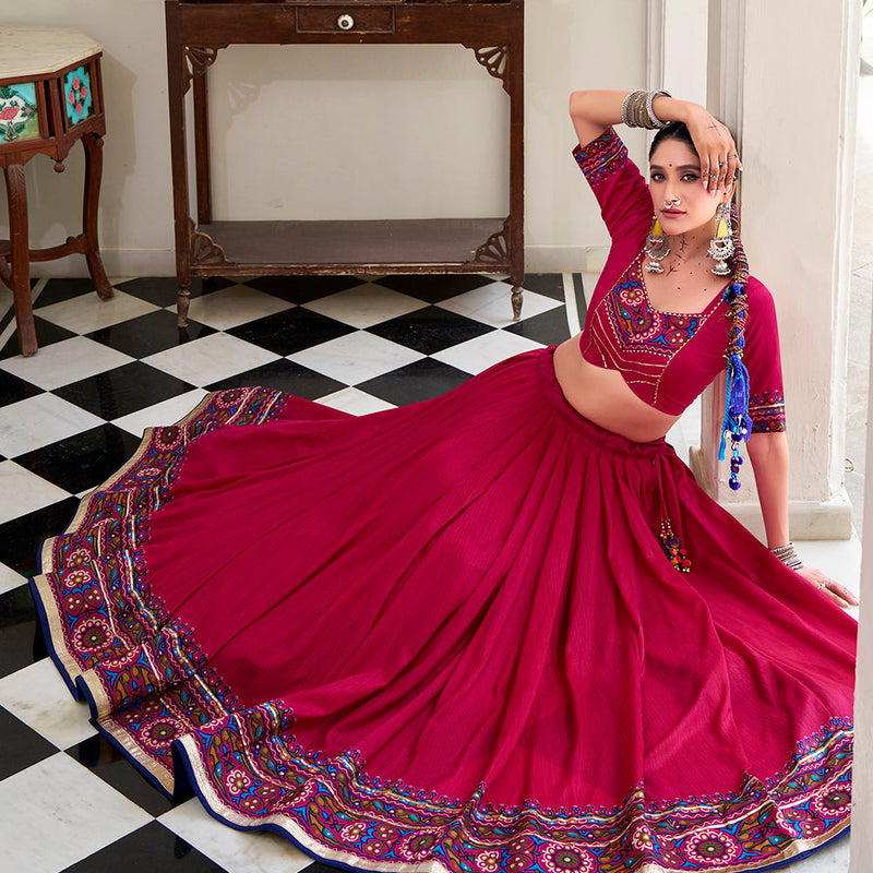 Pink Color Gamthi Print And Embossed Design Tasar Silk Lehenga Choli