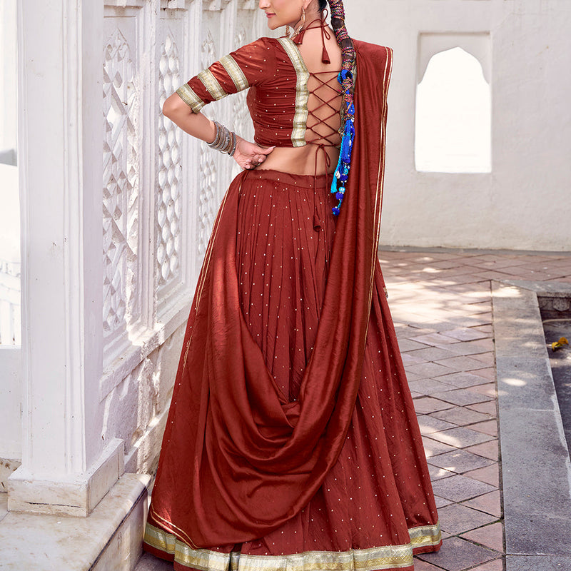 Rust Orange Color Zari Weaving Work With Embossed Design Chanderi Lehenga Choli