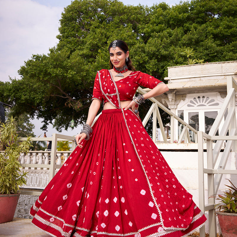 Red Color Bandhej Print With Lace Touch Up Chanderi Chaniya Choli