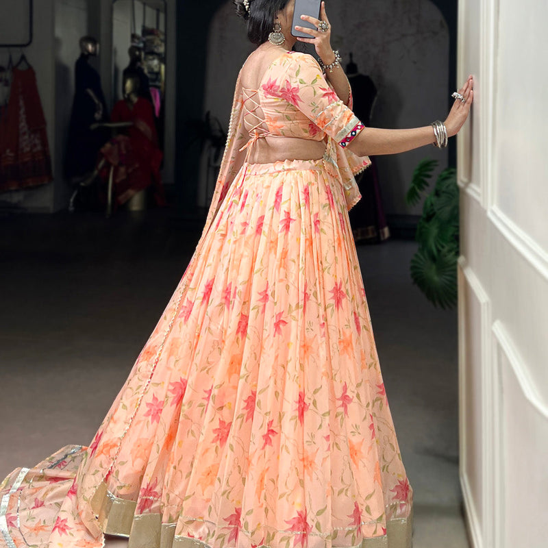 Peach Color Floral Print With Embossed Design Tabby Silk Chaniya Choli