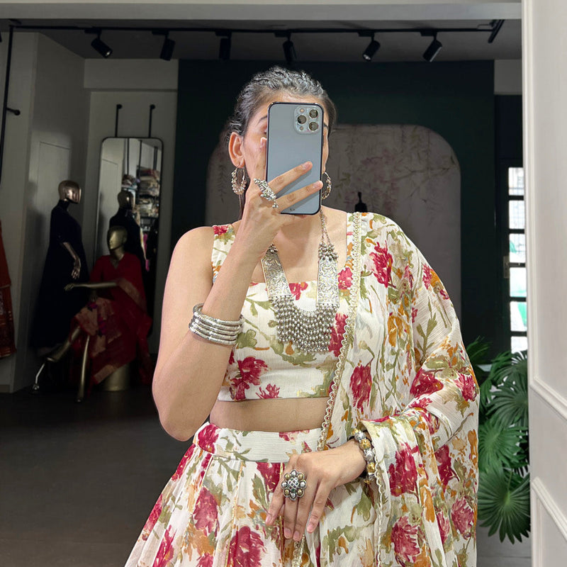White Color Floral And Foil Print With Embossed Design Chiffon Ghaghra choli
