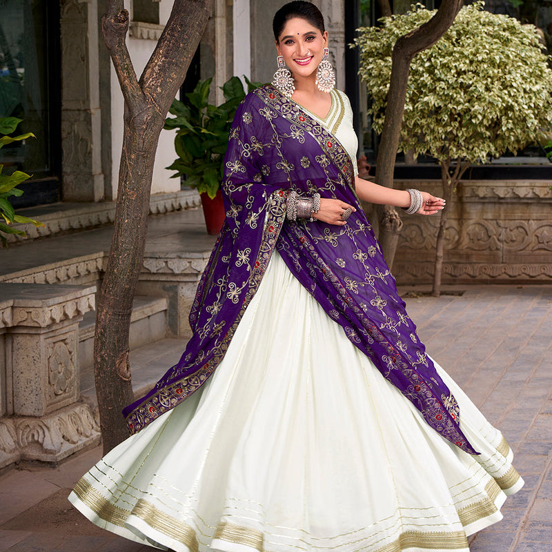White Color Zari Weaving Work With Lace Touch Up Rayon Lehenga choli