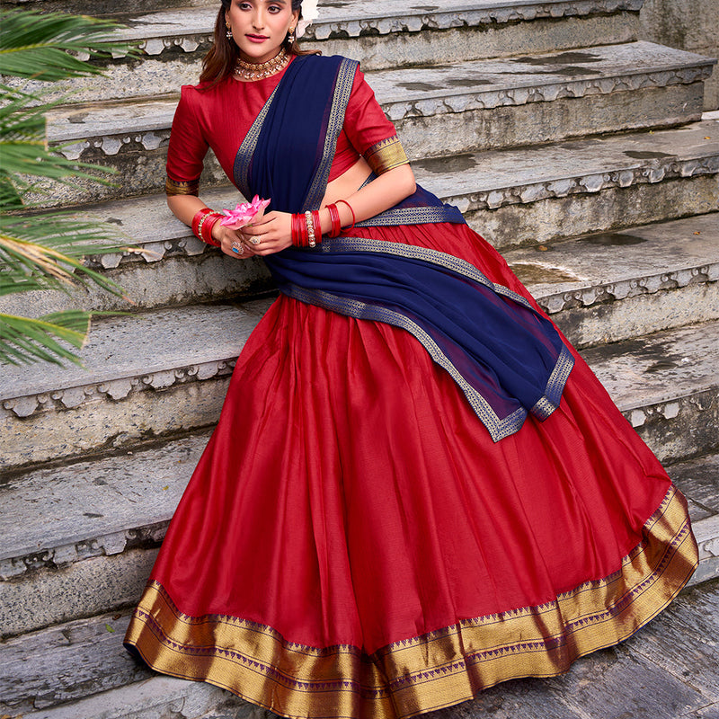 Red Color Zari Weaving Work Poly Cotton Lehenga choli