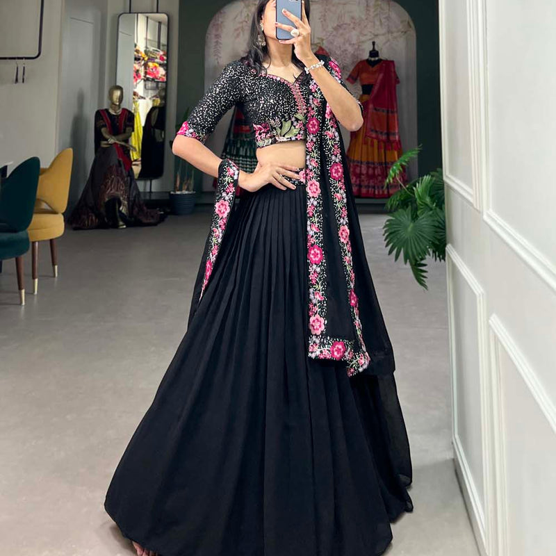 Black Color Sequins With Thread Embroidery Work Georgette Lehenga Choli