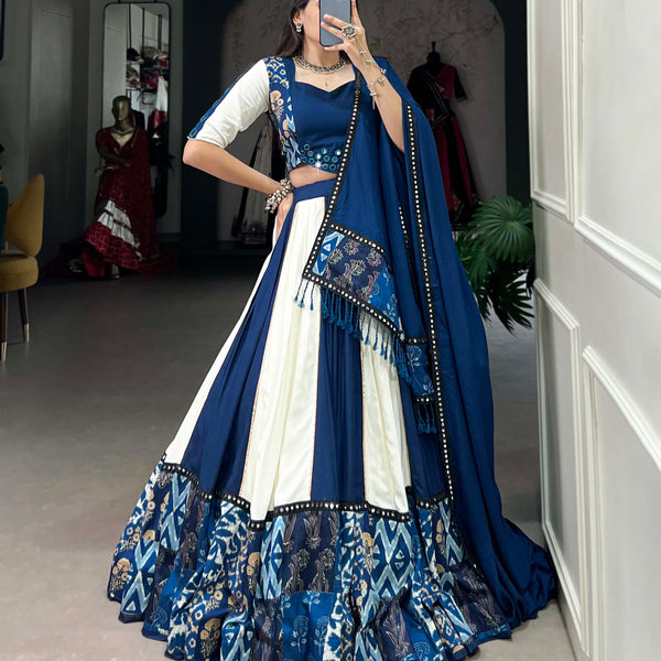 Blue Color Plain And Printed With Paper Mirror Work Rayon Lehenga Choli