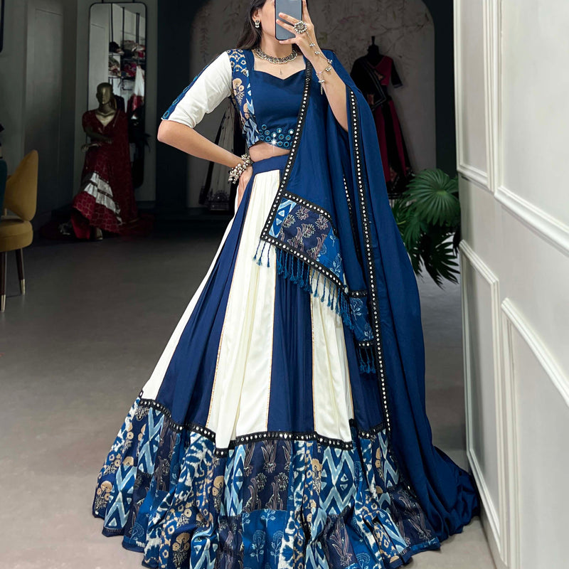 Blue Color Plain And Printed With Paper Mirror Work Rayon Lehenga Choli
