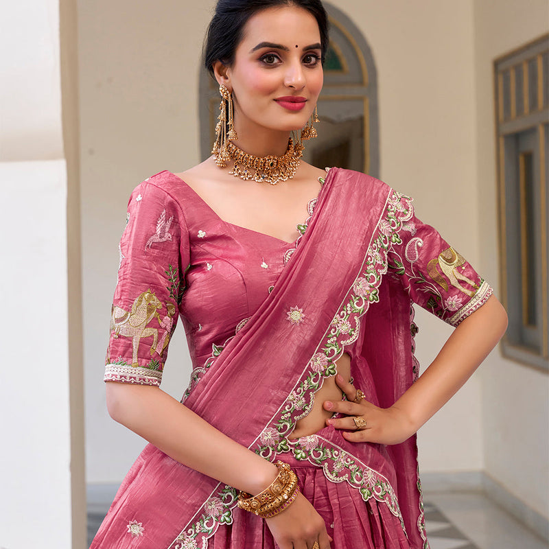 Pink Color Sequins and Thread Embroidery Work Gold Crush Lehenga Choli