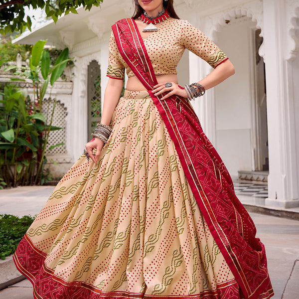 Off White Color Bandhej Print With Gotta Patti Lace Tasar Silk Lehenga Choli
