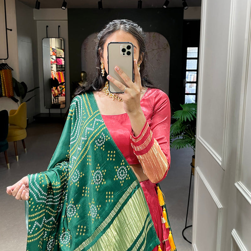 Salmon Color Dyeing With Lagdi Patta Gaji Silk Lehenga Choli