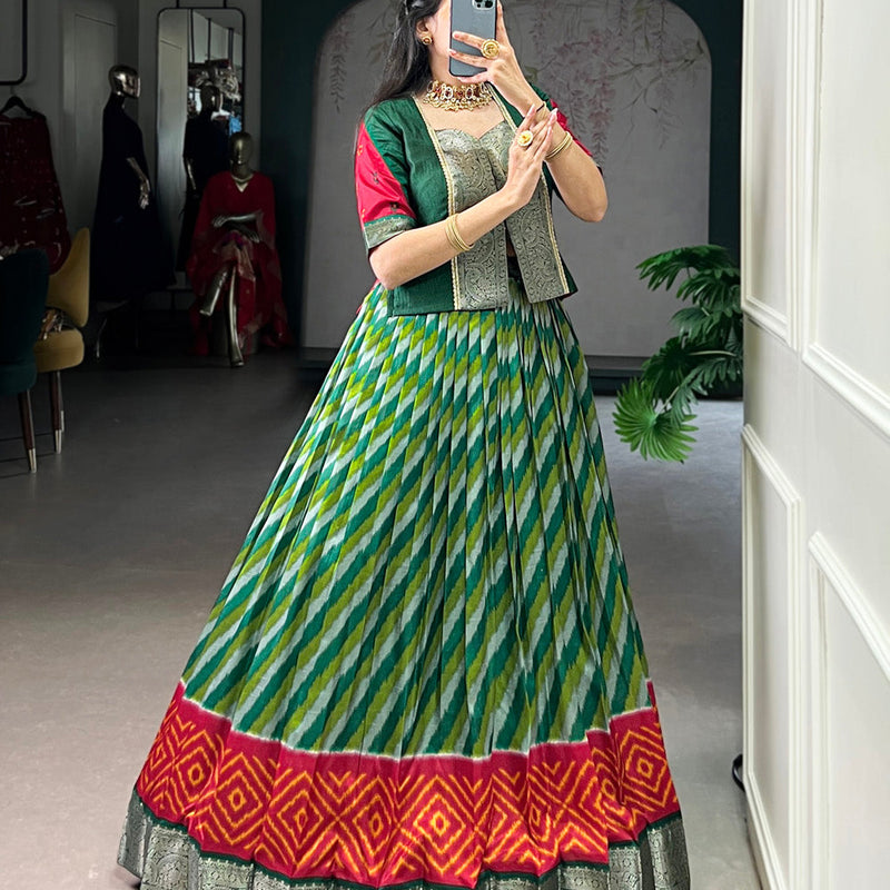 Green Color Leheriya Print With Zari Weaving Work Tasar Silk Co-Ord Set