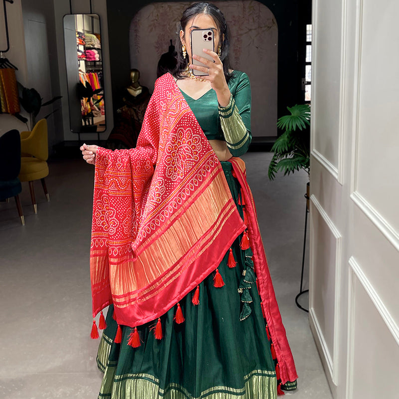 Green Color Dyeing With Lagdi Patta Gaji Silk Lehenga Choli