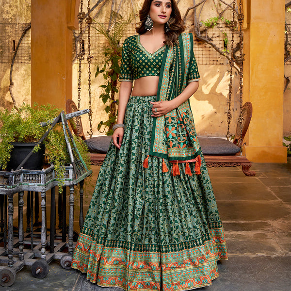 Green Color Tasar Silk Lehenga