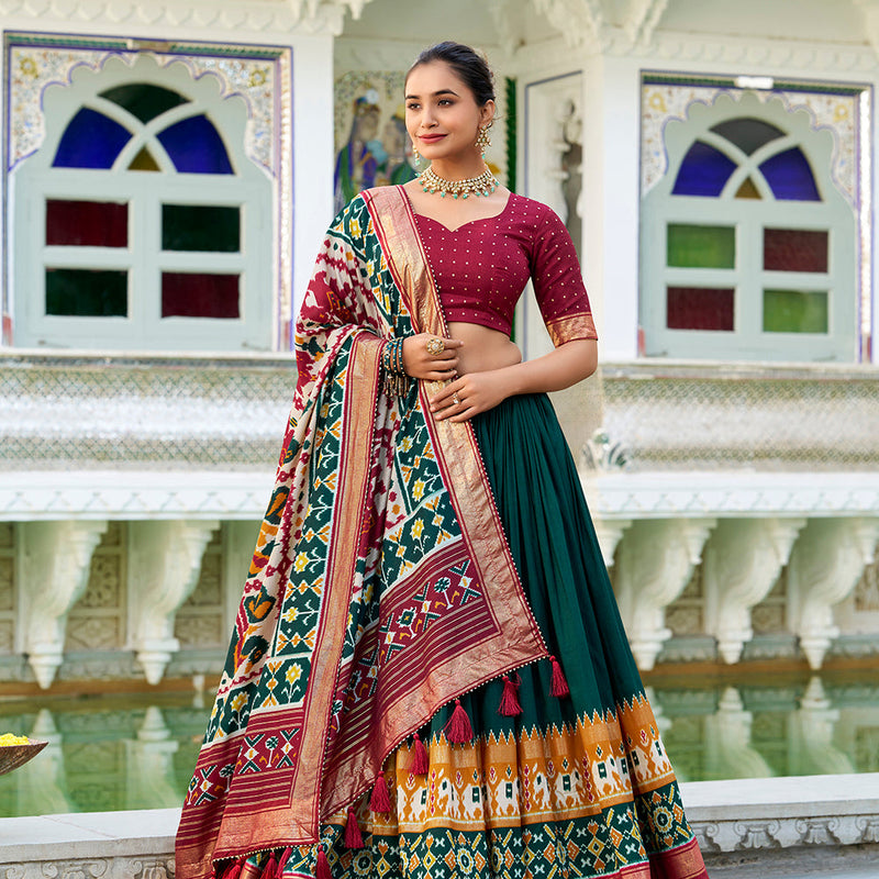 Green Color Patola Print With Foil Work Tasar Silk Lehenga Choli