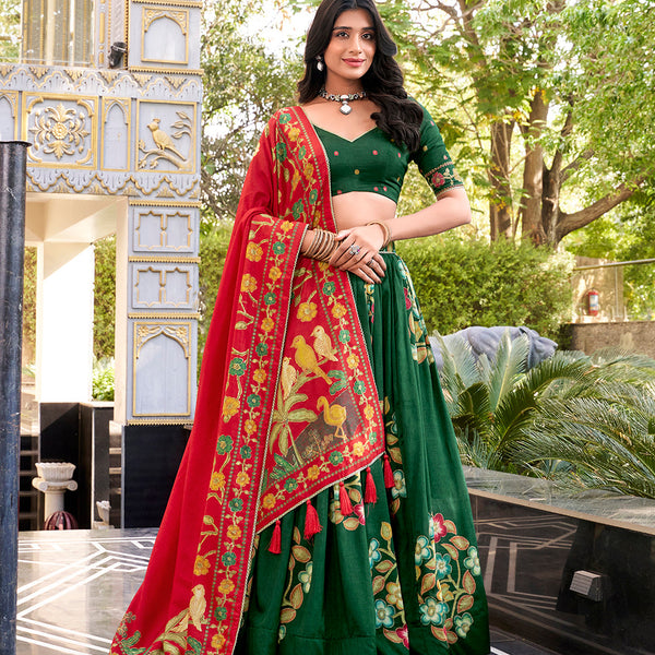 Green Color Printed And Foil Work Tussar Silk Lehenga Choli