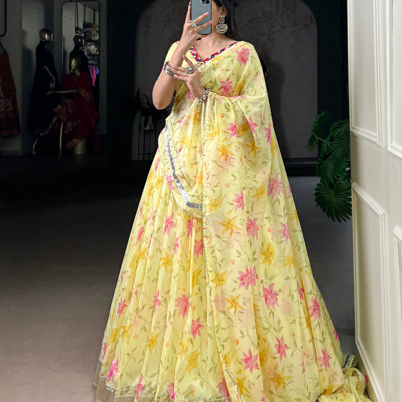 Yellow Color Floral Print With Embossed Design Tabby Silk Chaniya Choli