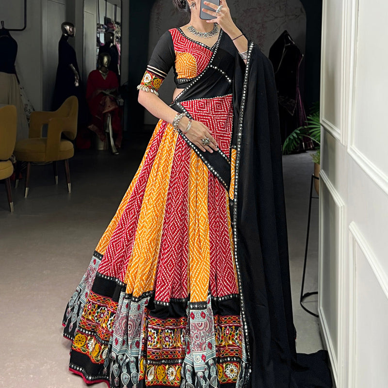 Yellow Color Bandhej And Ajarakh Printed Rayon Chaniya Choli