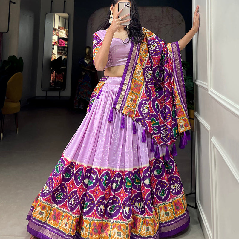 Lavender Color Patola Print With Foil Work Tussar Silk Lehenga Choli