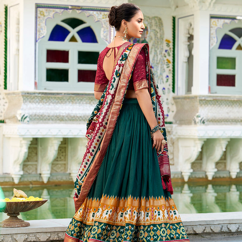 Green Color Patola Print With Foil Work Tasar Silk Lehenga Choli