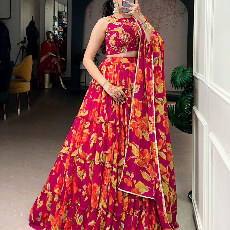 Pink Color Floral Printed Marbel Chaniya Choli
