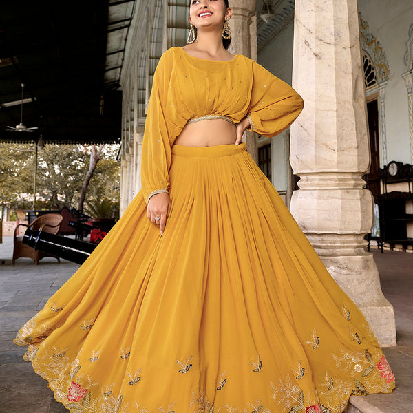 Mustard Color Sequins And Thread Embroidery Work Georgette Co-ord Set Lehenga Choli