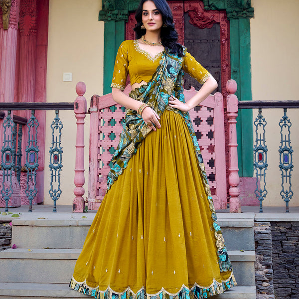 Mustard Color Sequins And Thread Embroidery Work Vichitra Silk Lehenga