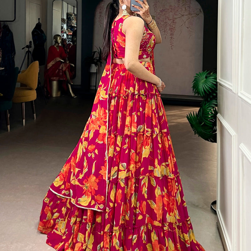 Pink Color Floral Printed Marbel Chaniya Choli