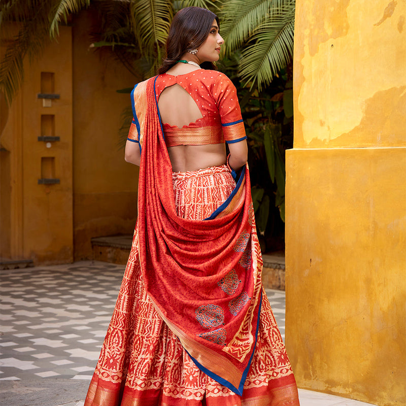 Rust Orange Color Batik Printed Dola Silk Lehenga