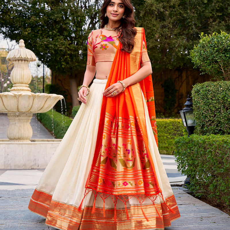 White Color Zari Weaving With Lace Border Vichitra Silk Lehenga Choli