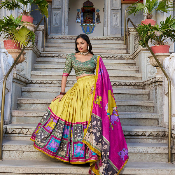 Mustard Color Kalamkari With Foil Work Tasar Silk Lehenga Choli