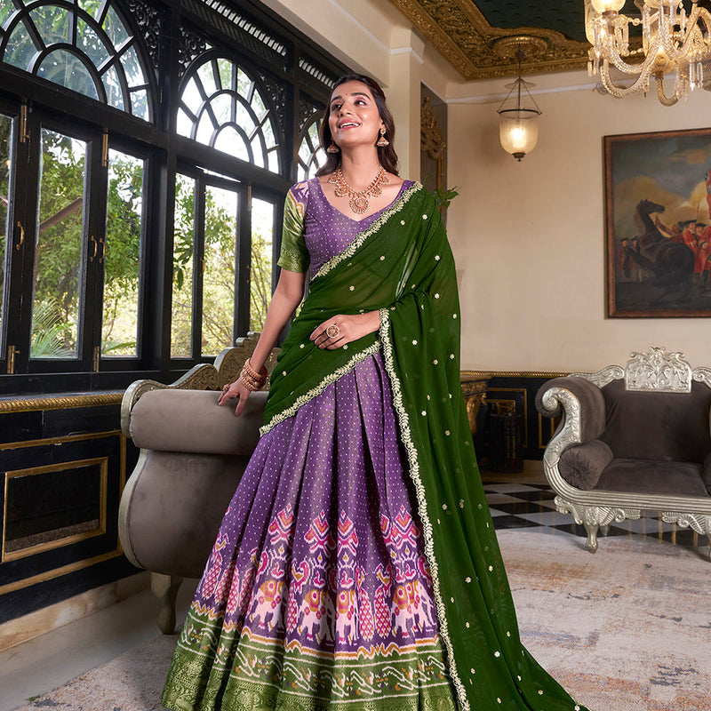 Purple Color Printed With Zari Weaving Work Kanchipuram Lehenga Choli