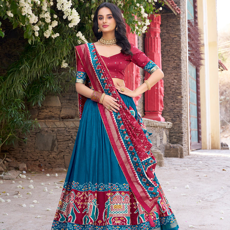 Teal Color Patola Printed Tasar Silk Lehenga Choli